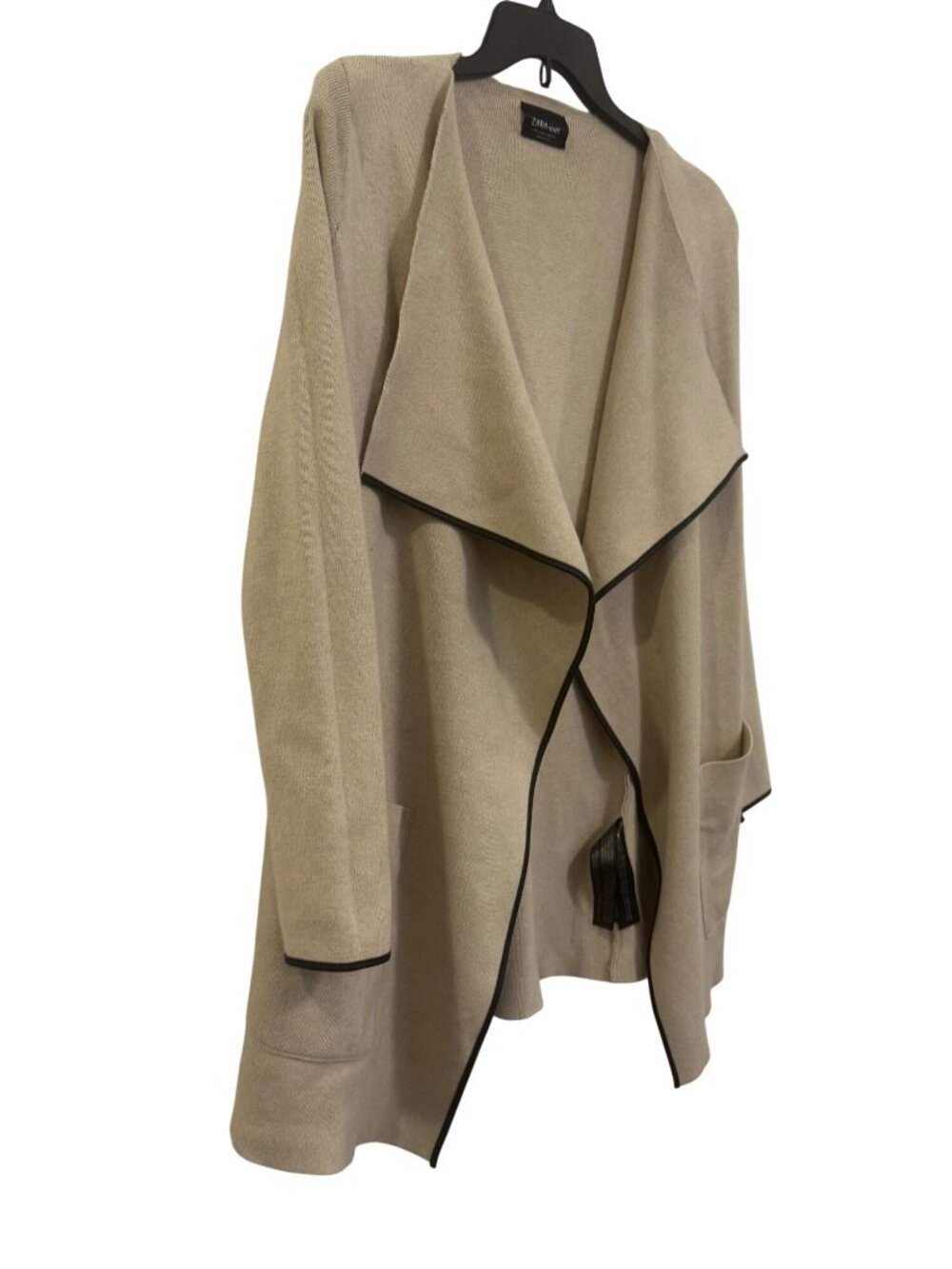 Zara Knit Beige Open Front Cardigan With Pockets & Black Trim - Picture 2 of 7